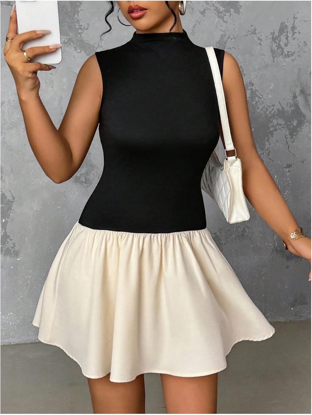 Black and Cream Colorblock Mock Neck Sleeveless Drop Waist Mini Dress Small - Picture 7 of 8